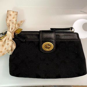 Coach Large Black Monogram Wristlet w/ Gold Ribbon